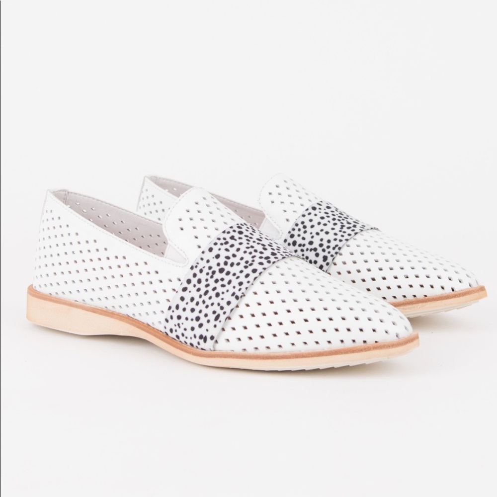 Rollie White Leather Perforated Slip-on Flats with Snow Leopard Print Panel